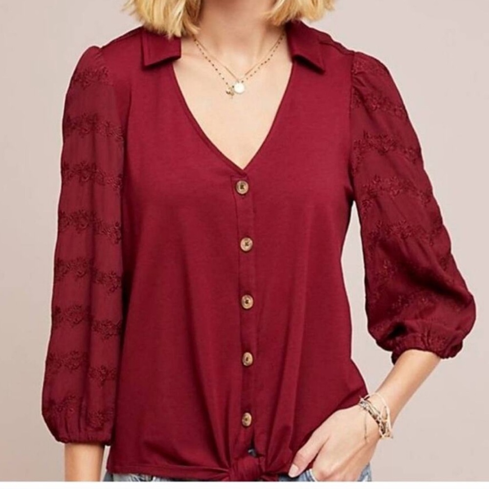 ANTHROPOLOGIE Vanessa Virginia Lenora‎ Tie Front Puff Sleeve Blouse XS Burgundy